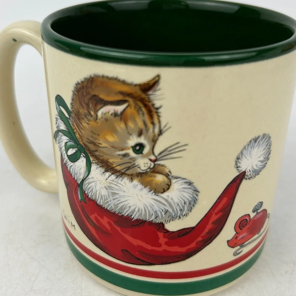 Vintage Potpourri Press 1989 Tabby‎ Kitten Santa Hat Christmas Coffee Tea Mug